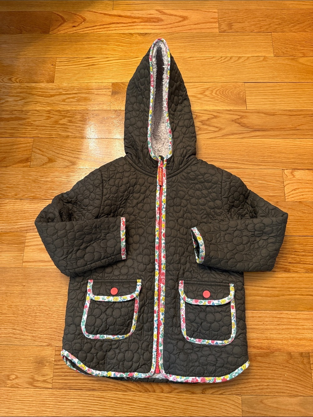Mini Boden Girls' Floral Quilted Hooded Coat in Dark Olive with Floral Trim 6-7